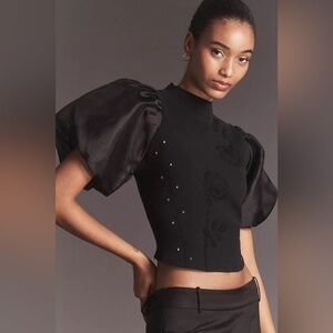 By Anthropologie Puff-Sleeve Black Mock-Neck
Floral Sweater Top XXS
